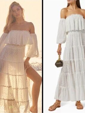 White Off Shoulder Maxi Dress Tiered  Coastal Romantic Cottagecore Boho Size XS